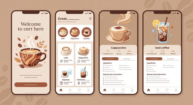 Coffee shop mobile app UI template set. Features screens for welcome splash, menu navigation, cappuccino recipe, and iced coffee details. Elegant brown design for cafe ordering and loyalty.