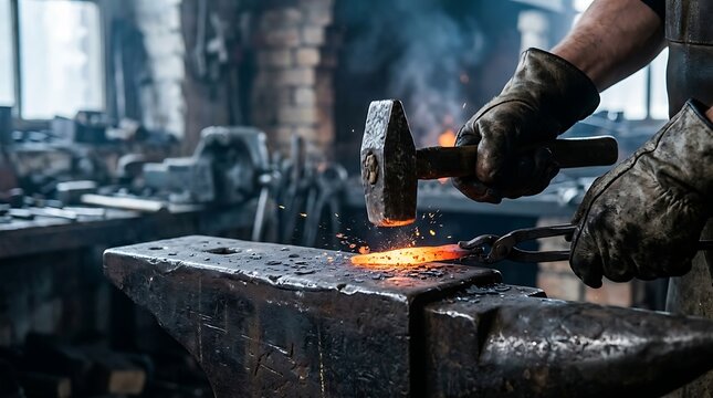 Close up of a blacksmith hammering a glowing hot piece of metal on an anvil in a workshop