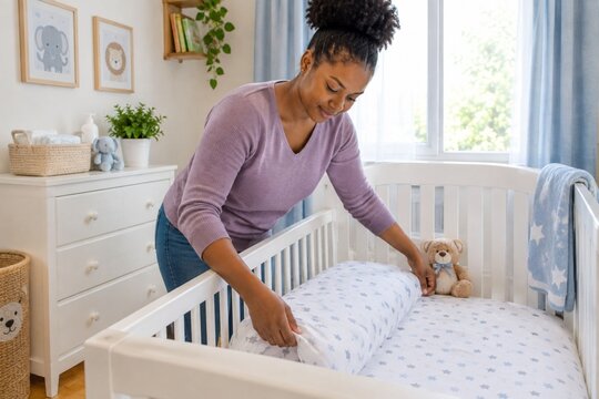 Mother tucking in a fitted crib sheet in baby's nursery, parenting concept