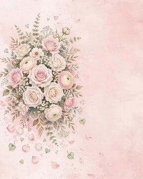 Floral Romance. Pastel rose bouquet arrangement, wedding invitation background, romantic greeting card template with scattered petals and hearts
