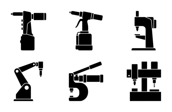 Black industrial machinery icons, rivets and presses, graphic elements