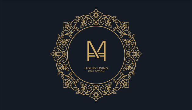 Golden luxury vintage circular floral ornament frame with elegant monogram logo design on dark navy blue background.