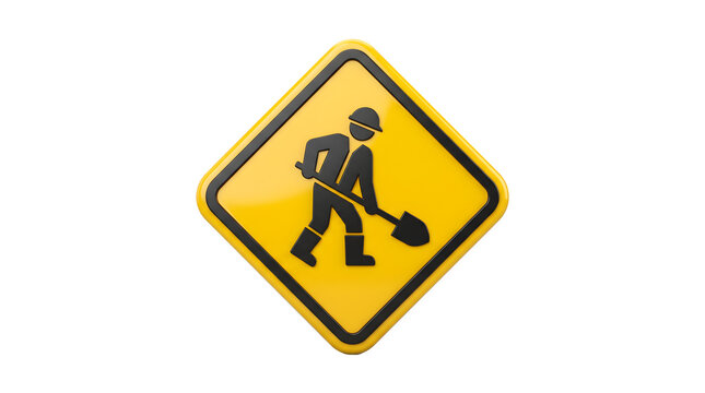 Yellow roadwork sign with construction worker icon, diamond shaped under construction warning symbol, industrial safety alert on white background