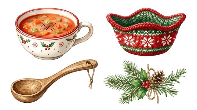 Christmas soup bowl, knitted cozy, wooden spoon, and festive greenery isolated on white background