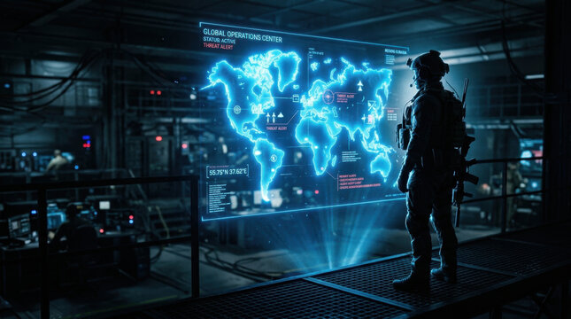 Military soldier standing in a high-tech command center looking at a global network map on a large screen.
