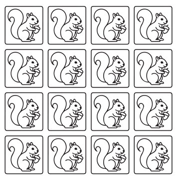 Cute squirrel holding acorn in a grid pattern with clean white background for graphic design