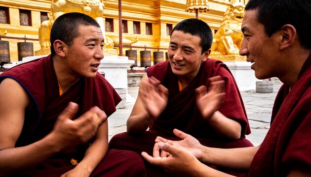 Monks engaged in lively philosophical debate in temple courtyard. Dynamic hand gestures