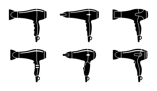 Black silhouette hairdryes set, graphic design elements