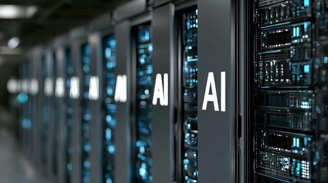 Rows of powerful server racks displaying illuminated 'AI' labels, showing intricate internal components, represent data processing and advanced computing infrastructure
