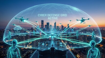 Obraz premium Cyber defense shield dome protecting a smart city with flying security drones digital protection data security system modern city surveillance drones cyber threat network security