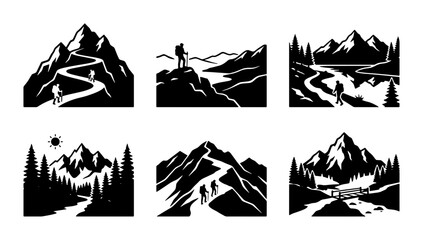 Fototapeta premium Black and white mountain and hiking silhouettes, adventure graphic
