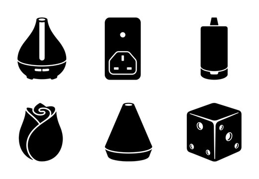 Black icons of diffuser, rose, plug, battery, cube, and cone, set for