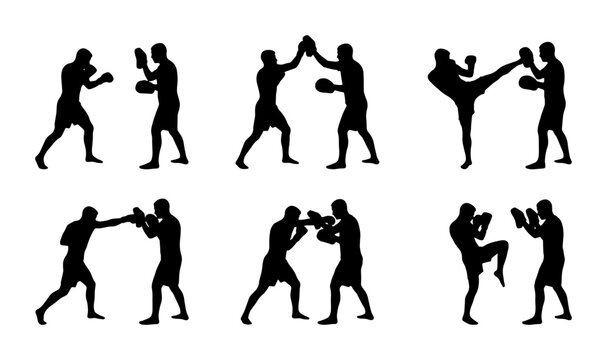 Black martial arts silhouettes, fighting poses, combat sports graphic