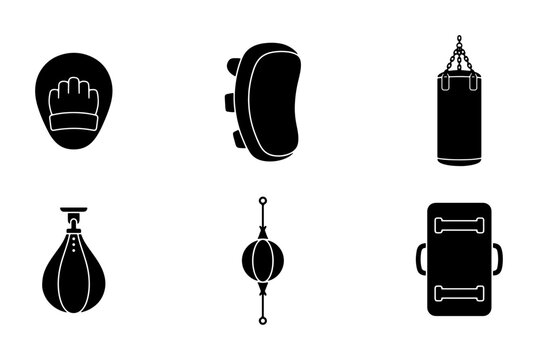 Black boxing equipment icons, punch bag, speed bag, focus mitts, kick