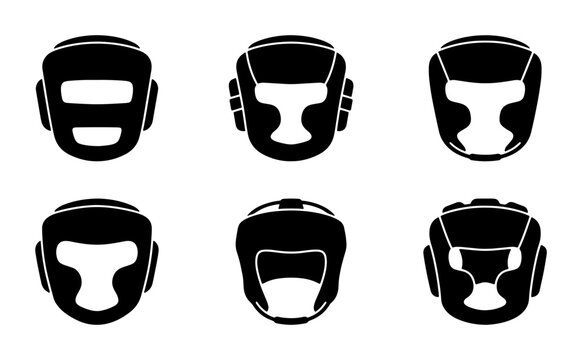 Black boxing headgear silhouettes, set of six protective martial arts