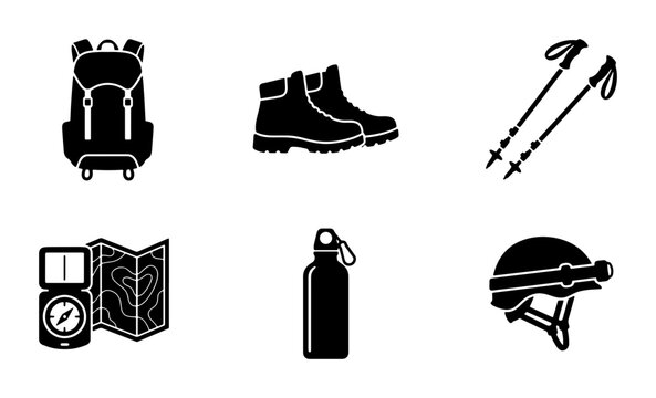 Black camping and hiking gear icons, backpack, boots, poles, map