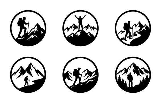 Black and white hikers and mountain icons, adventure travel graphic