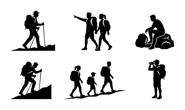 Black hiker silhouettes on white background, outdoor adventure graphic
