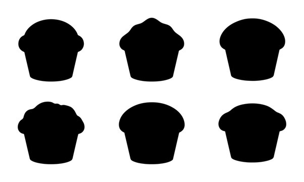 Black cupcake silhouettes, set of six baked goods, baking and dessert