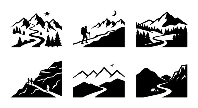 Black and white mountain landscape icons, outdoor adventure, hiking