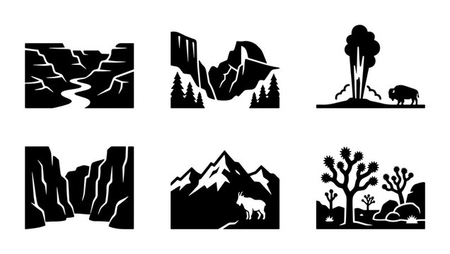 Black landscape icons, national park scenes, travel graphic elements