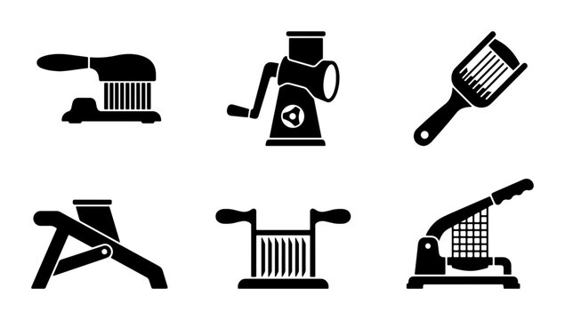 Black kitchen food slicer and grinder icons, graphic elements for