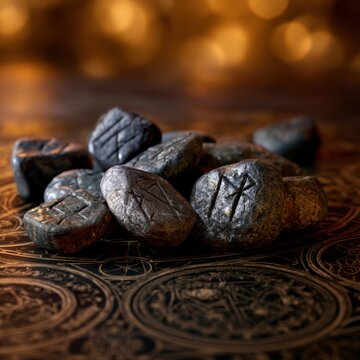 A collection of ancient carved stones featuring mystical symbols placed on an ornate engraved surface with warm glowing lights in the background