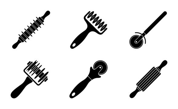 Black pastry tools icons, rolling pins, pizza cutter, dough docker