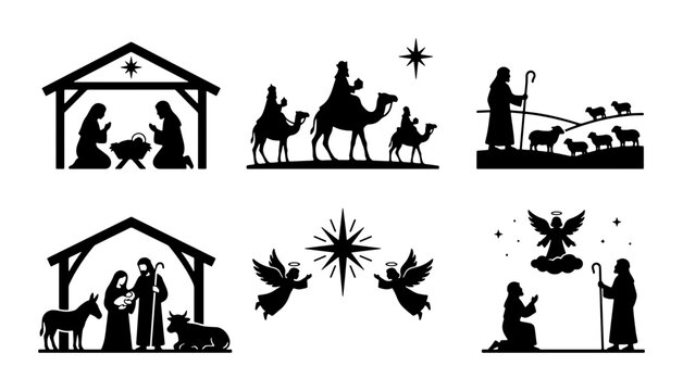 Black nativity scene and angel silhouettes, religious Christmas icons
