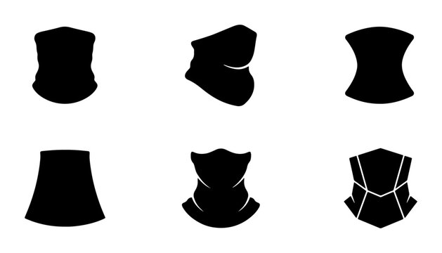 Black neck gaiter and face mask silhouettes, isolated graphic icons
