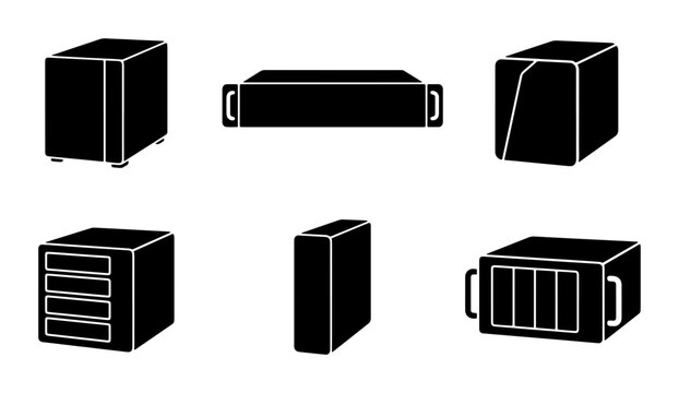 Black computer cases and storage devices, graphic icons, isolated on