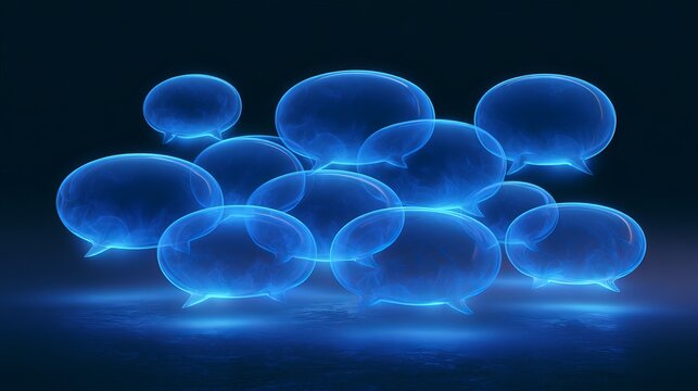 Glowing blue speech bubbles float suspended against a deep dark backdrop, symbolizing communication and digital conversation, a concept for online forums