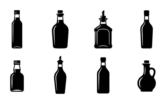 Black silhouette bottles for drinks and oils, graphic icons, isolated