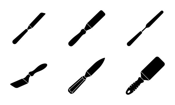 Black spatula tools set, graphic icons, isolated on white background