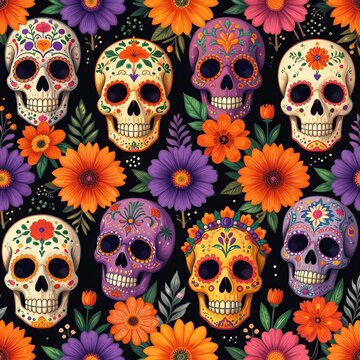 Colorful floral sugar skull pattern with vibrant orange purple flowers on black background