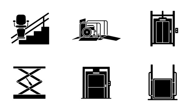 Black accessibility lift icons, mobility transport and home assist