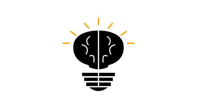 Minimalist premium motion icon animation depicting the transition from neural activity and brain formation to light bulb illumination and idea rays representing artificial intelligence and innovation.