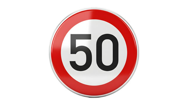 Speed limit 50 road sign, circular red and white traffic warning symbol, fifty kilometers per hour restriction icon isolated on white background
