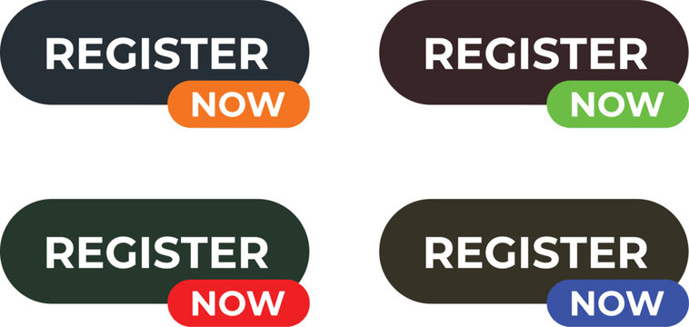 Four register now buttons in different vibrant colors isolated on a white background for web design