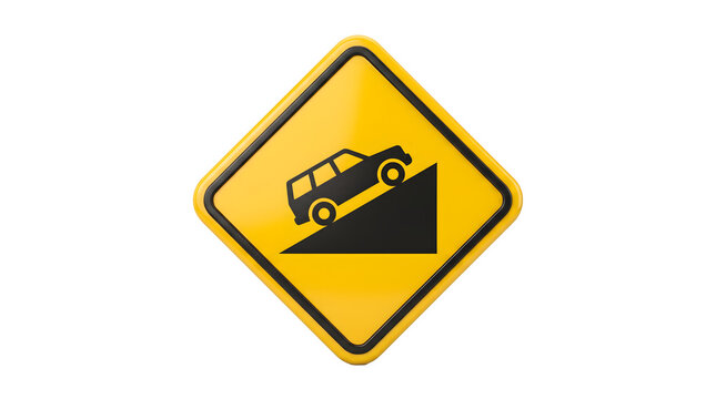 Yellow steep hill road sign, warning traffic symbol with car climbing incline, mountain slope caution icon on white background