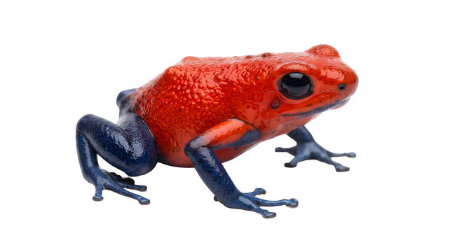 Strawberry poison dart frog with vibrant red body and blue legs, exotic Oophaga pumilio amphibian on white background, tropical rainforest wildlife