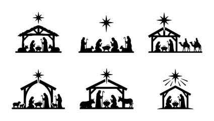 Fototapeta premium Black nativity scenes with stable and star, graphic design