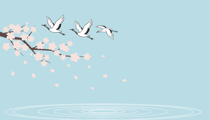 Obraz premium Japanese style illustration of three elegant cranes flying over water under blooming pink cherry blossom branches.