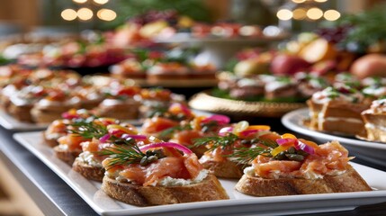 Fototapeta premium Elegant smoked salmon canap?s with cream cheese, capers, fresh dill, and pickled onions served on toasted bread for a stylish appetizer spread