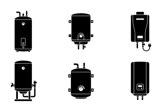 Six black silhouettes of water heaters on a white background