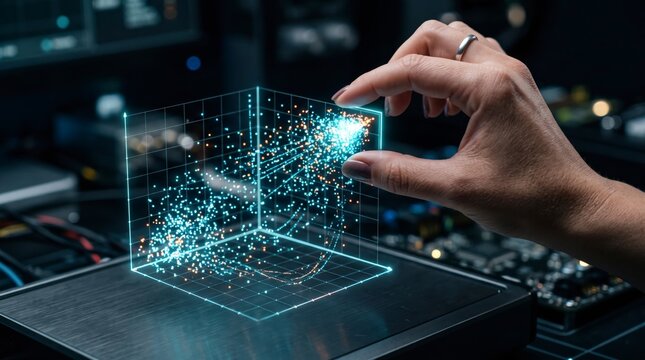 A human hand interacts with a glowing 3D holographic scatter plot graph, illustrating big data analytics, futuristic technology, machine learning, and advanced science.