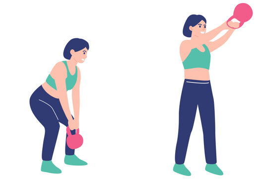 Flat vector illustration of a woman performing kettlebell swings