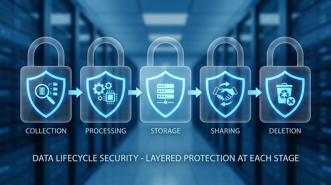 Data lifecycle security flow chart displaying layered protection stages in a server room with lifecycle management cyber security digital privacy information security network safety data integrit