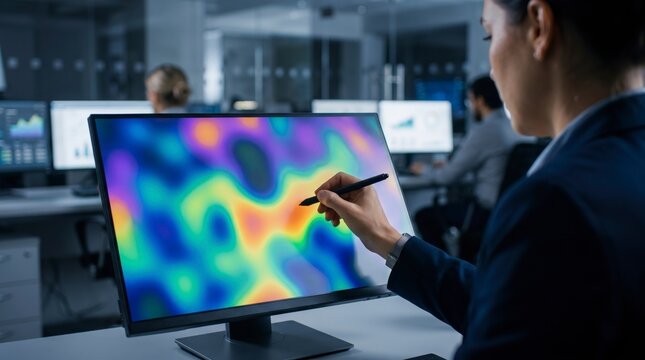 Professional female scientist or data analyst using a digital stylus pen on a computer monitor showing a colorful heatmap data visualization in a modern tech office.