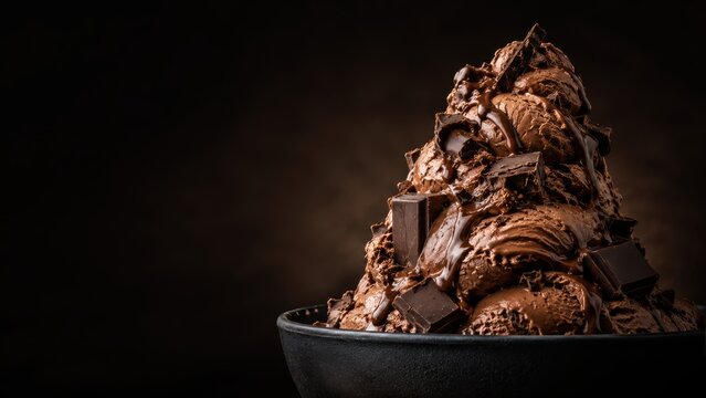 Rich chocolate ice cream scoops in a black bowl drizzled with chocolate syrup and chunks of dark chocolate
